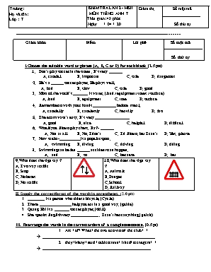 Đề kiểm tra một tiết lần 2 học kỳ II môn Tiếng Anh Lớp 7 - Năm học 2019-2020
